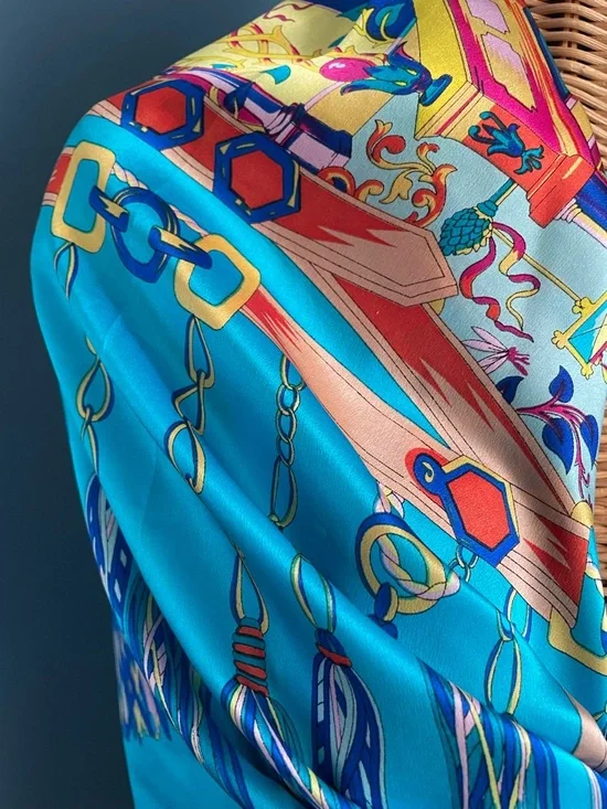 Vibrant Turquoise Silk Scarf with Tassel Print 42 x 42 - Picture 13 of 16